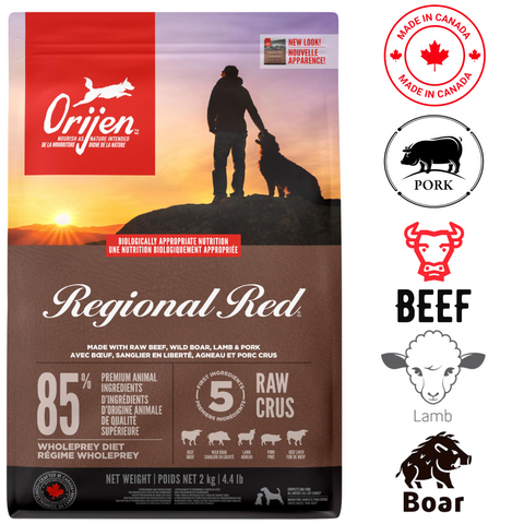Orijen Regional Red dog food with 85 percent premium animal ingredients and five raw labeled meats