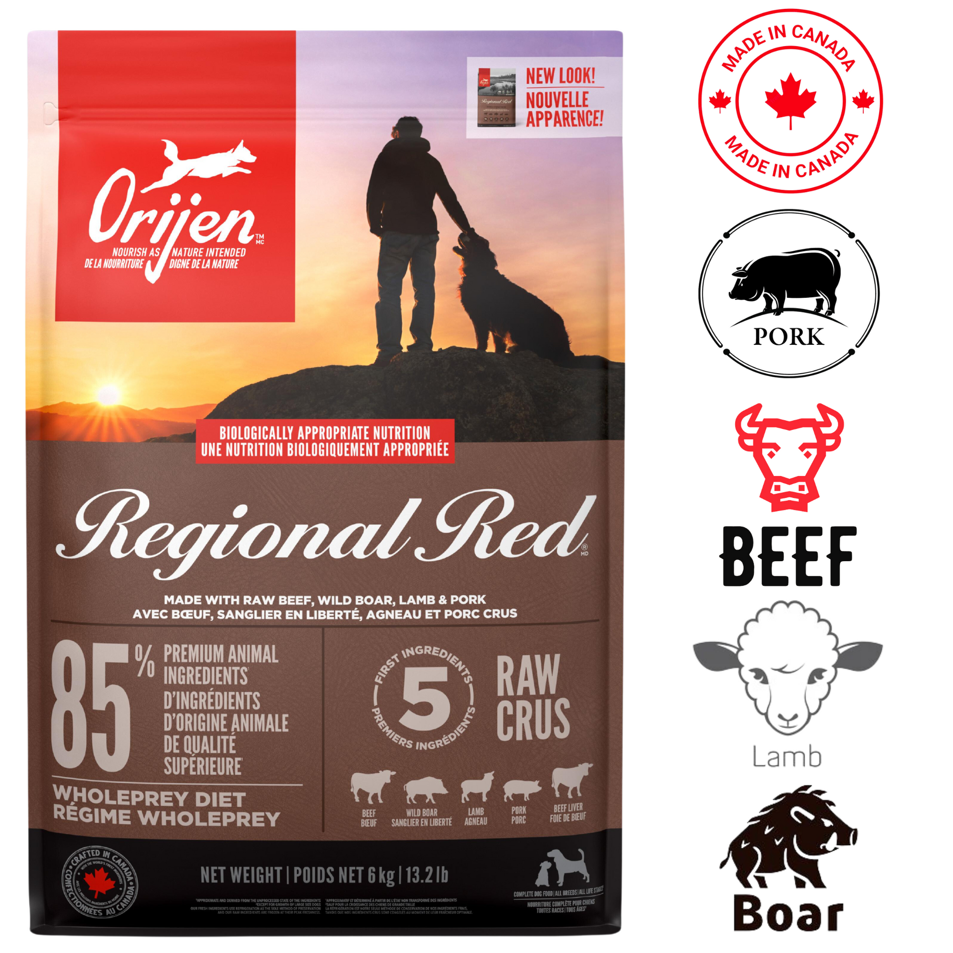 Orijen Regional Red dog food featuring 85 percent premium animal ingredients for optimal canine nutrition