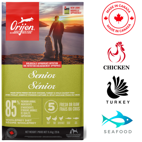 Orijen senior dog food in a 25 lb bag, featuring high-quality chicken, turkey, and seafood ingredients