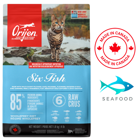 Orijen Six Fish cat food with 85 percent fish ingredients for optimal feline nutrition
