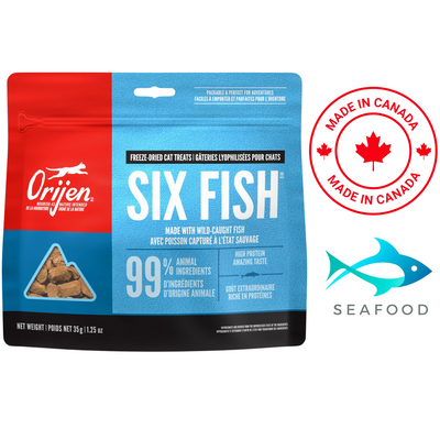 Orijen six fish cat treats freeze-dried high protein seafood snacks made in Canada