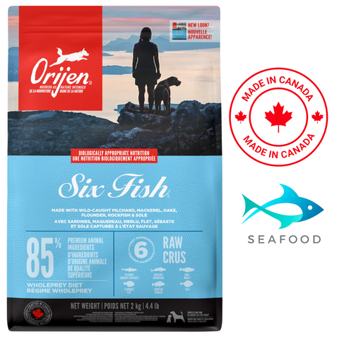 Orijen Six Fish dog food 2kg bag featuring premium animal ingredients and a nutritious formula