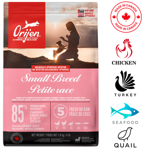 Orijen small breed dog food made with chicken, turkey, seafood, and quail for balanced nutrition