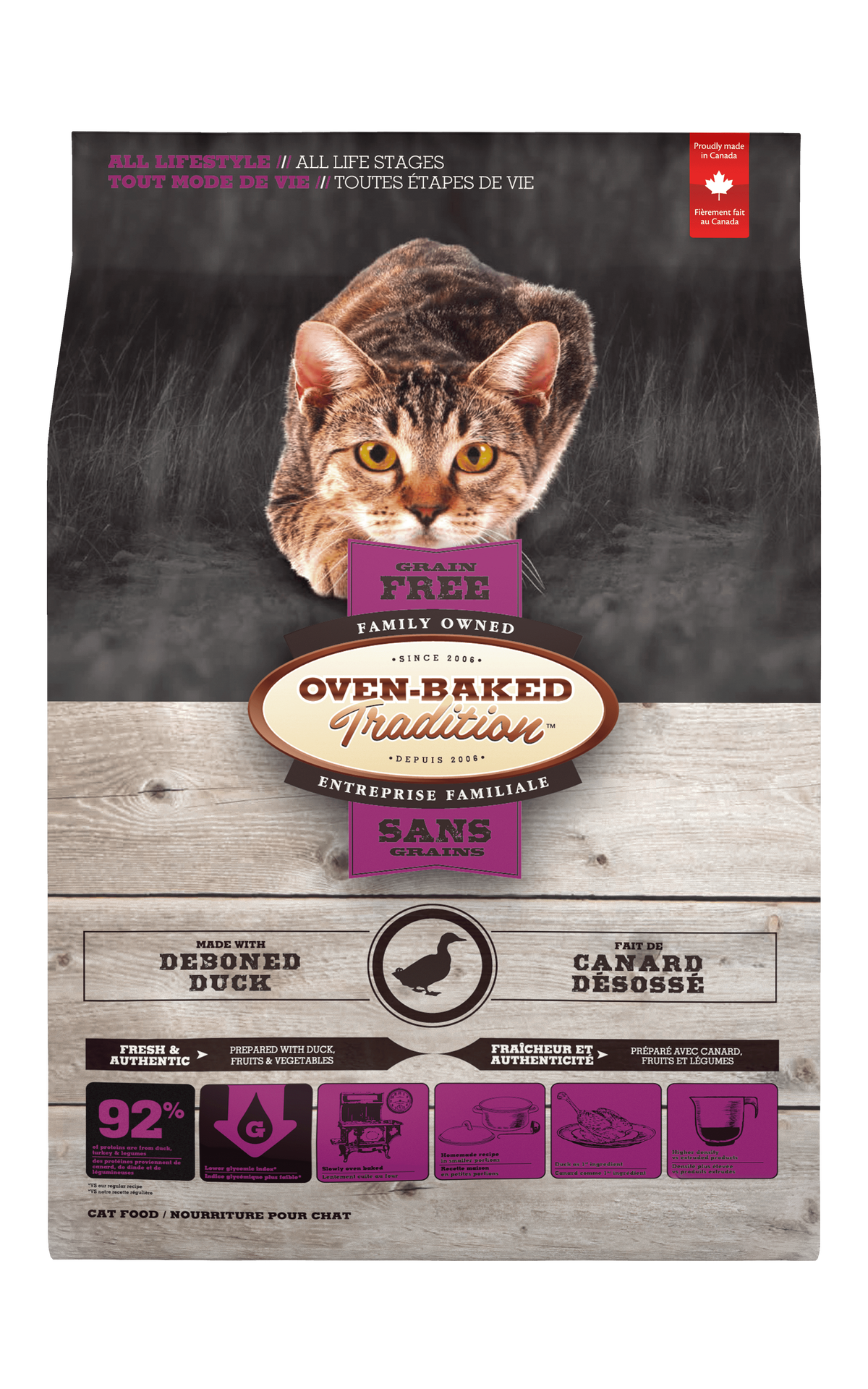 Oven Baked Tradition oven baked duck cat food bag featuring a tabby cat and grain free recipe