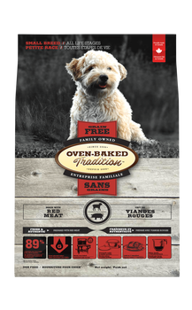 Oven Baked Tradition small breed meat dog food featuring a fluffy dog on the packaging