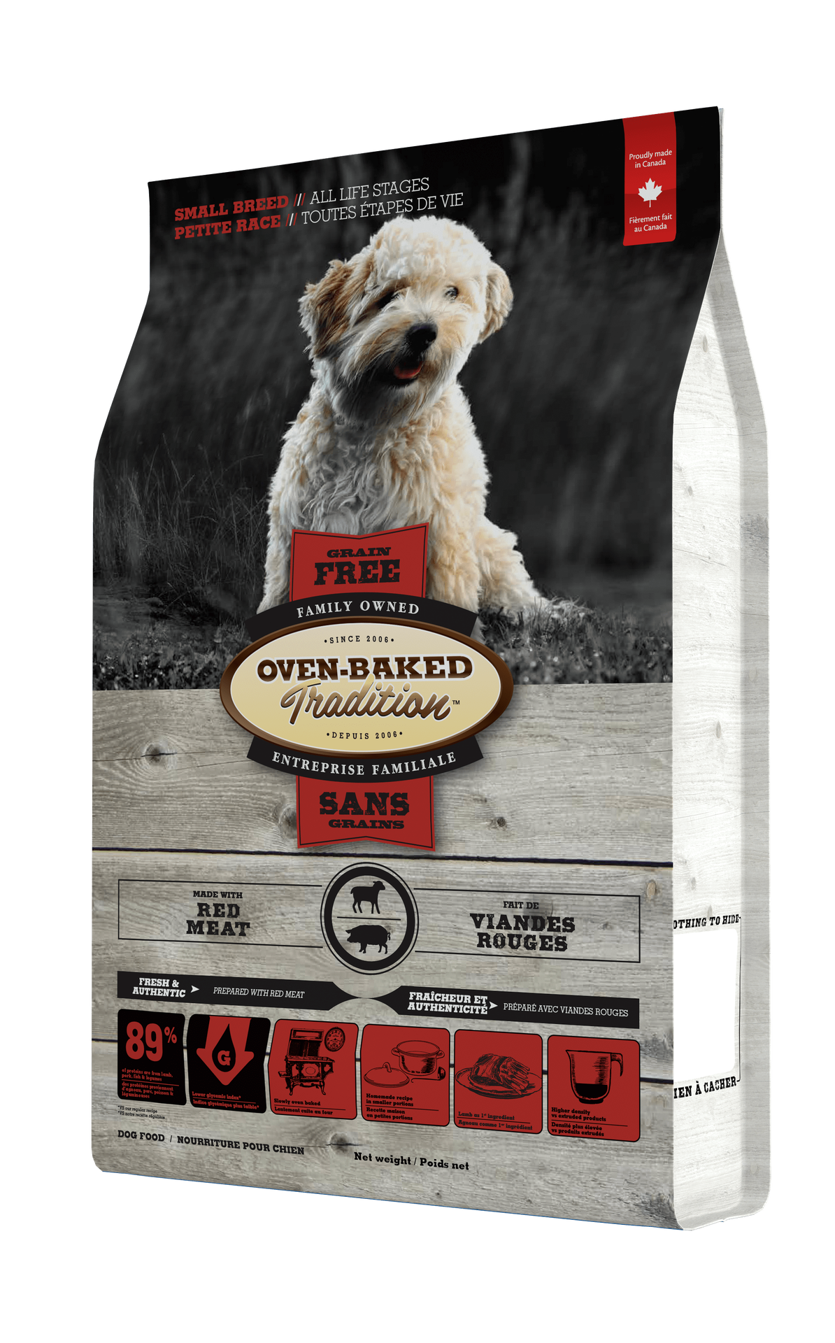 Oven Baked Tradition small breed meat dog food in a bag showcasing quality ingredients for healthy pets