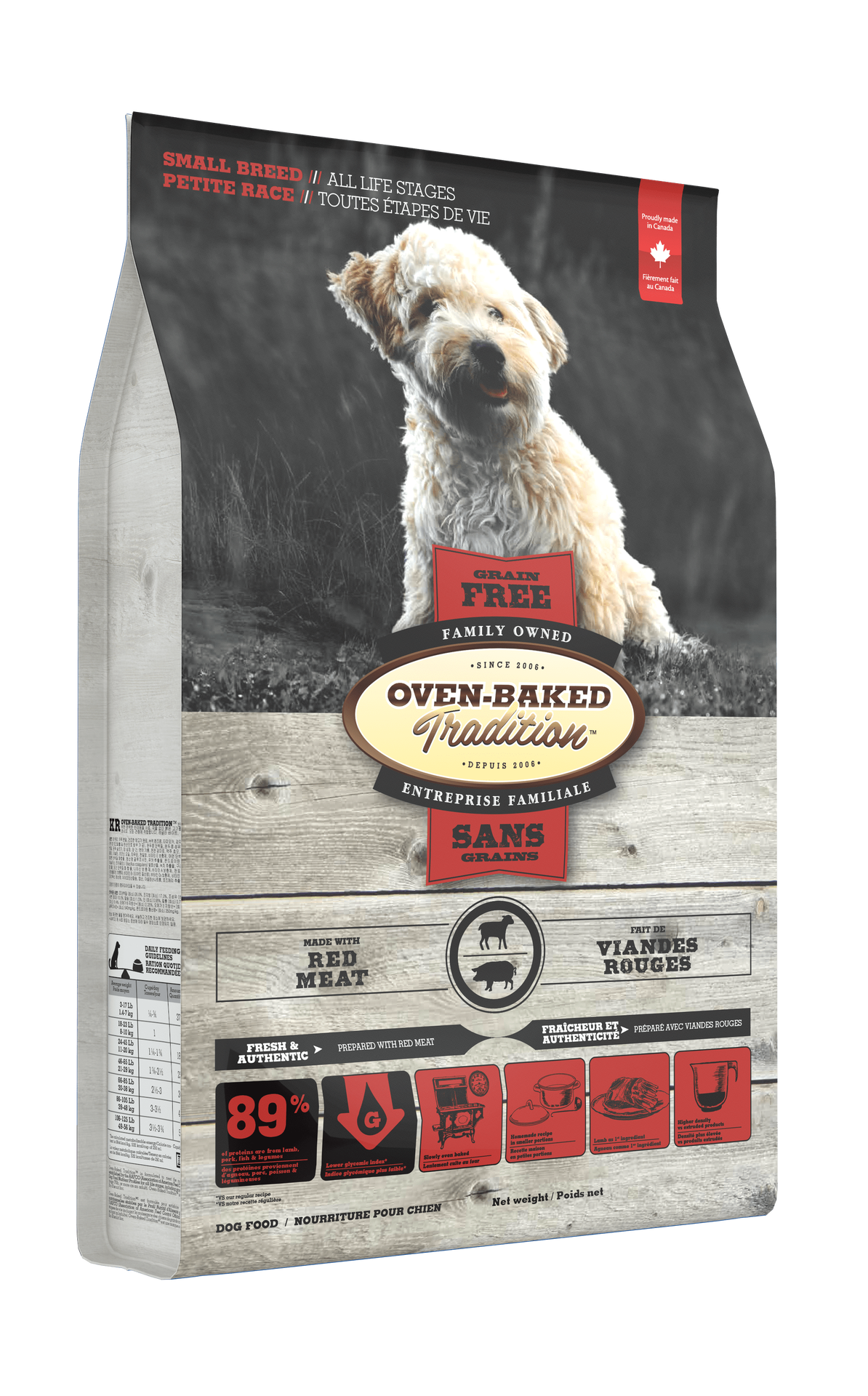 Oven Baked Tradition small breed meat dog food in a bag featuring a dog and highlighting grain-free qualities