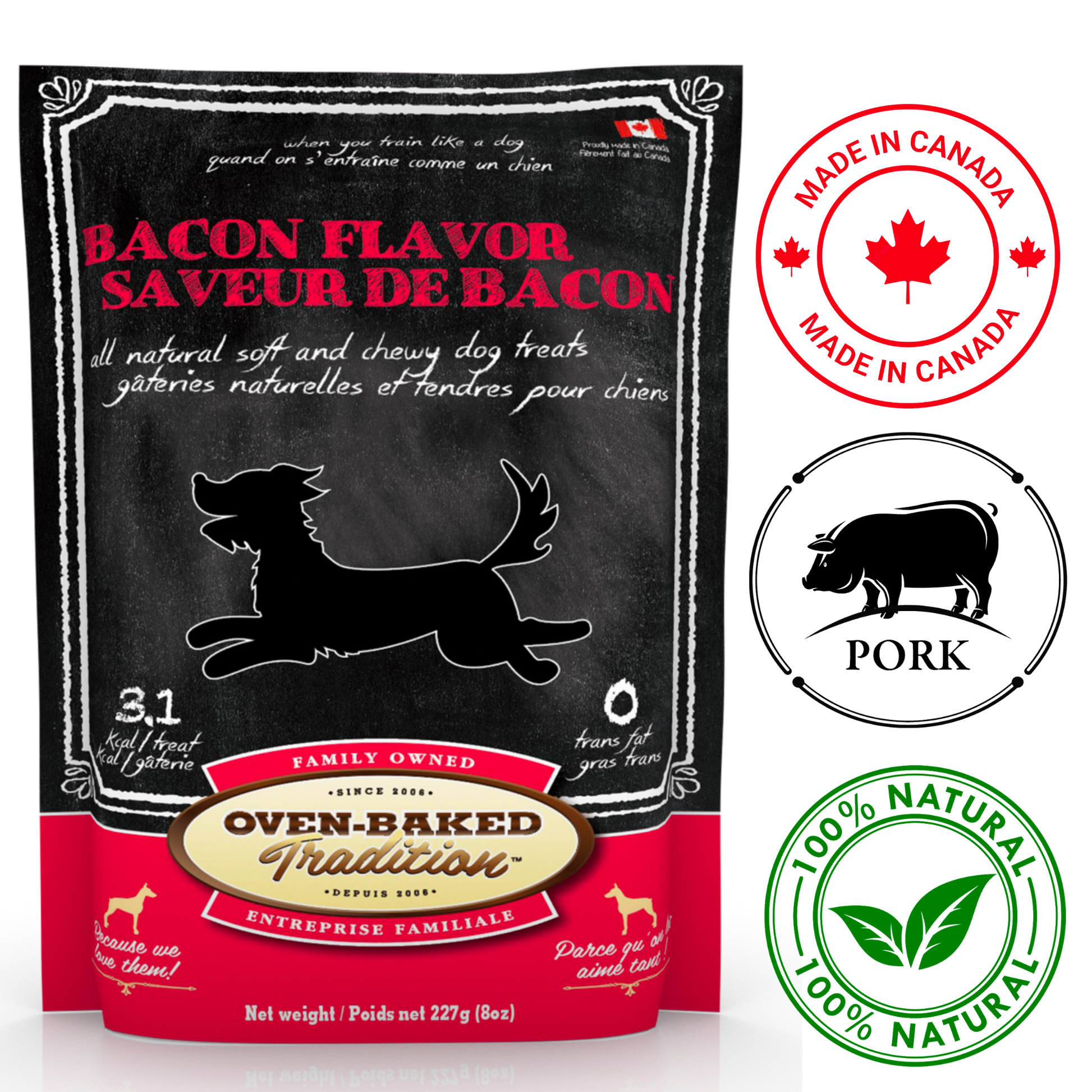 Oven Baked Tradition oven baked soft chewy bacon dog treats in black and red packaging with natural ingredients label