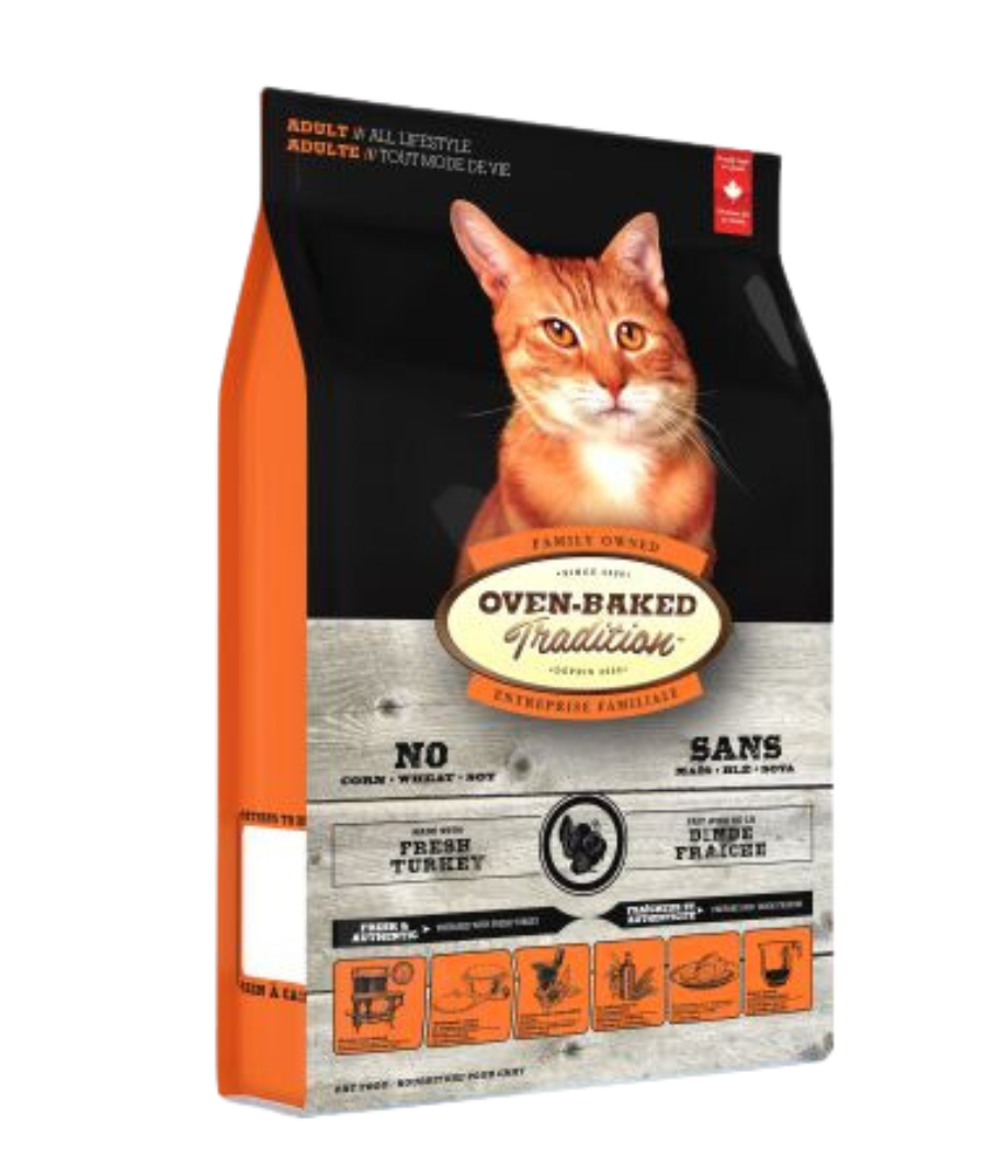 Oven Baked Tradition oven baked turkey adult cat food dry cat food bag with orange tabby cat on front