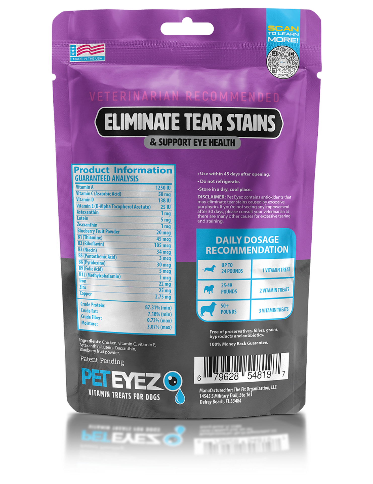 PetEyez chicken dog treats packaging vitamin treats to eliminate tear stains and support eye health