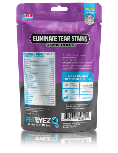 PetEyez chicken dog treats packaging vitamin treats to eliminate tear stains and support eye health