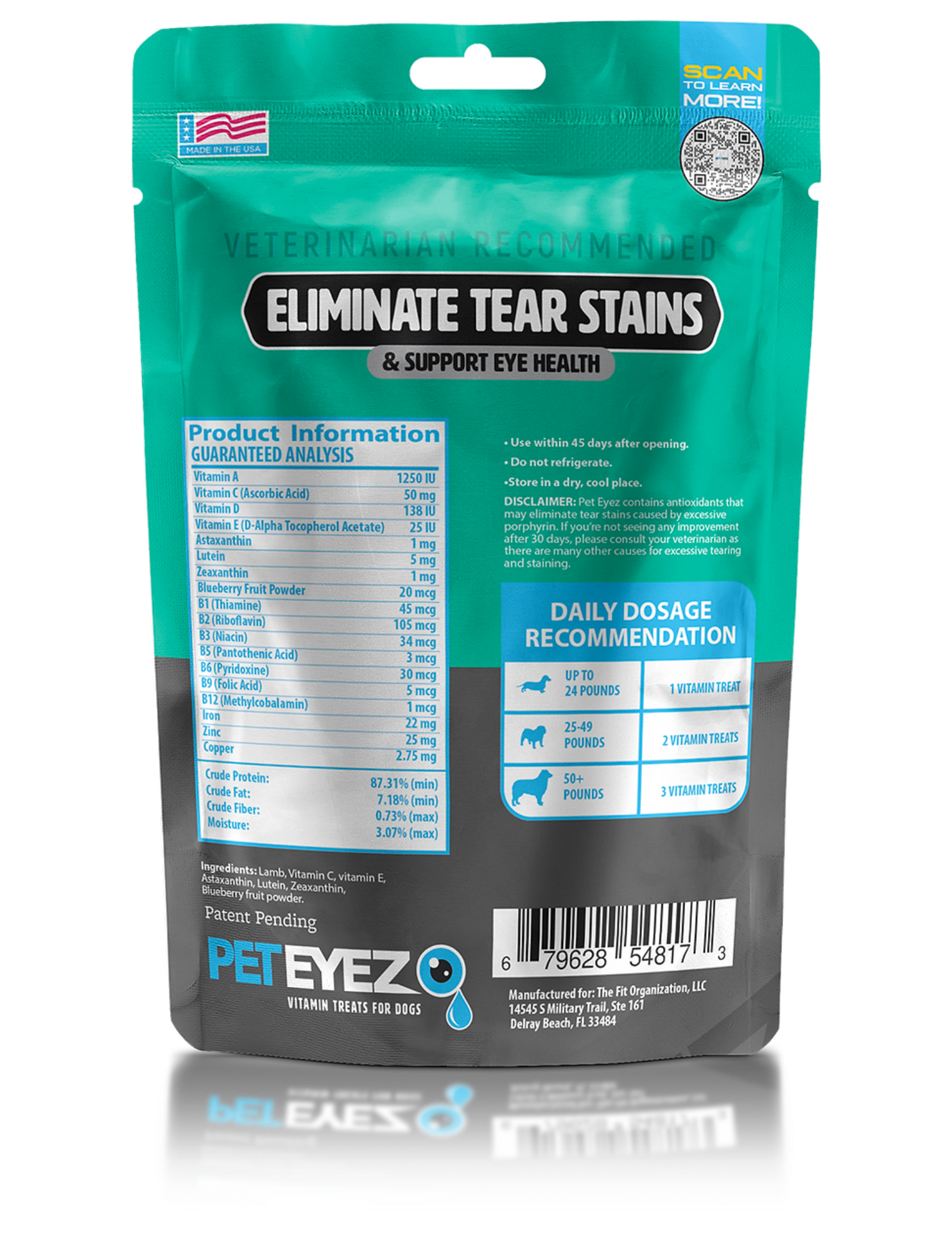 PetEyez lamb dog treats package designed to eliminate tear stains and support eye health