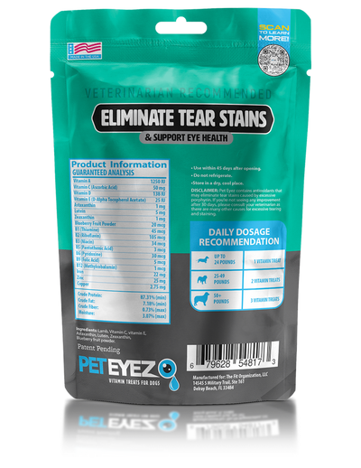 PetEyez lamb dog treats package designed to eliminate tear stains and support eye health