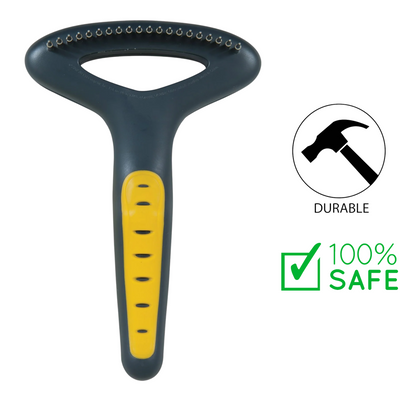 Petmate deshedding brush with ergonomic handle and metal bristles for safe pet grooming