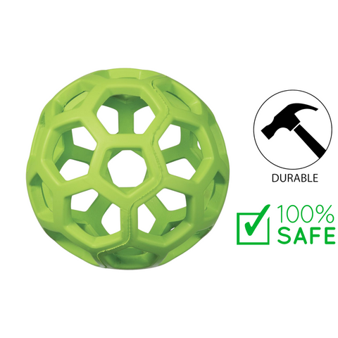 JW green lattice ball safe rubber dog toy made from durable non toxic material 100 percent safe for chewers