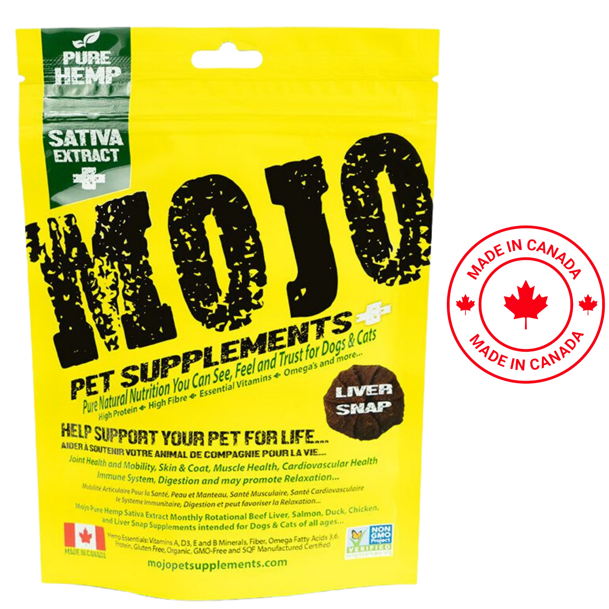 MOJO hemp liver treats pet supplements in yellow resealable bag with pure hemp sativa extract