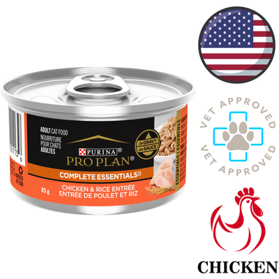 Purina Pro Plan chicken and rice canned cat food can with vet approved badge high protein grain inclusive cat food