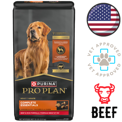 Purina Pro Plan premium beef dry dog food North York 35 lb bag showing golden retriever and vet approved icons