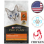 Purina Pro Plan adult chicken and rice cat food bag with blue eyed cat image Complete Essentials cat food for picky eaters.
