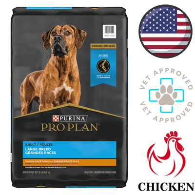 Purina Pro Plan adult large breed chicken and rice bag with vet approved badge and US flag premium large dog food North York