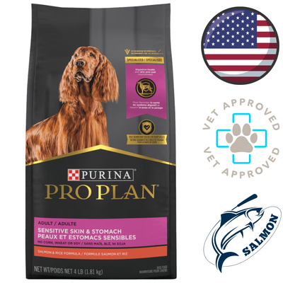 Bag of Pro Plan salmon and rice sensitive skin and stomach formula for adult dogs Purina sensitive dog food adult vet approved