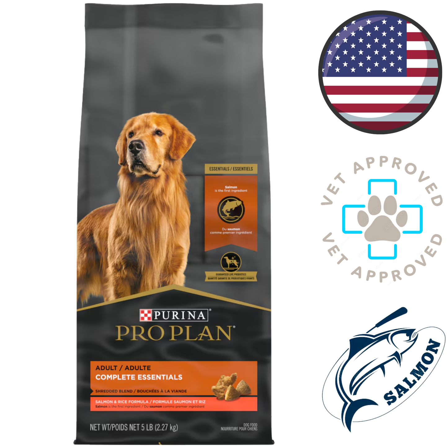 Purina Pro Plan salmon dog food bag with golden retriever image vet approved icons USA flag and salmon logo
