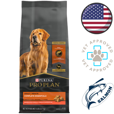 Purina Pro Plan salmon dog food bag with golden retriever image vet approved icons USA flag and salmon logo