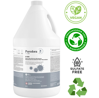 Purodora pet odor neutralizer disinfectant gallon bottle with vegan, sulfate free, and biodegradable labels