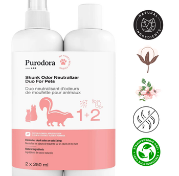 Purodora skunk odor remover for pets in a 2-pack, designed with natural ingredients for effective odor neutralization
