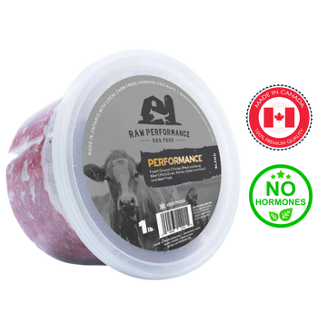 Raw Performance Dog Food in 1 lb container, made from grass-fed beef with no hormones for dogs
