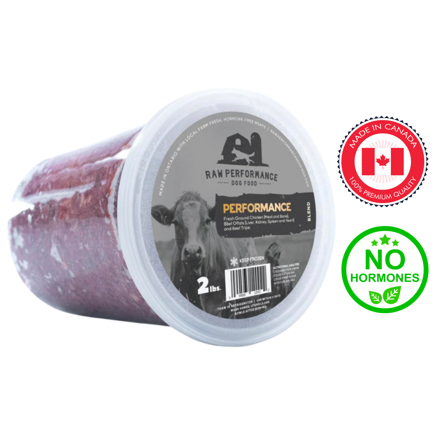 Raw Performance Dog Raw Food in a 2 lb container made from 100% premium quality meats