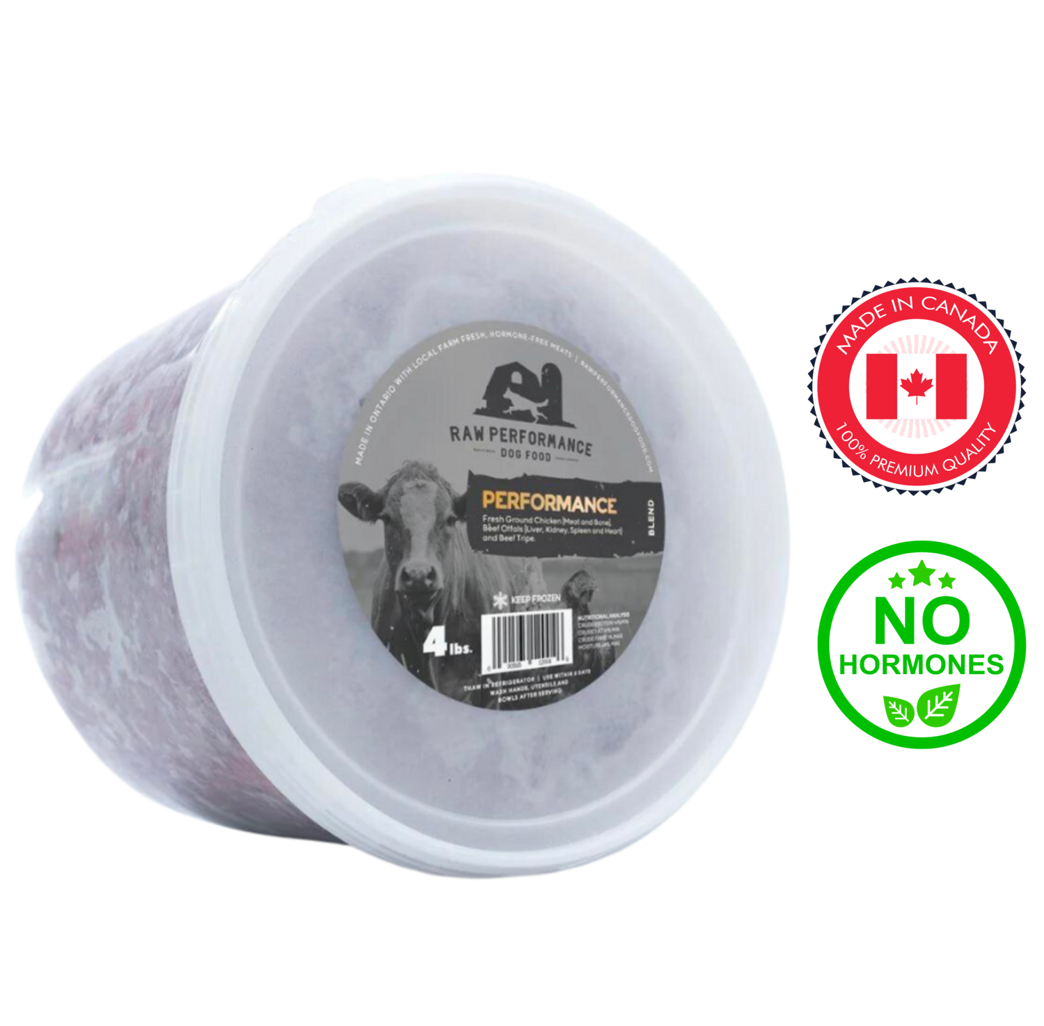 Raw Performance Dog Raw Food in a 4 lb container, made in Canada, hormone-free nutrition for dogs