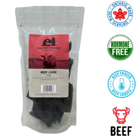 Raw performance beef liver dog treats in resealable bag with hormone free and Ontario made labels