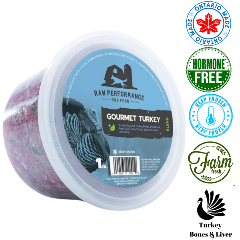 Raw Performance Gourmet turkey dog food in a sealed tub, made with fresh turkey, bones, and liver