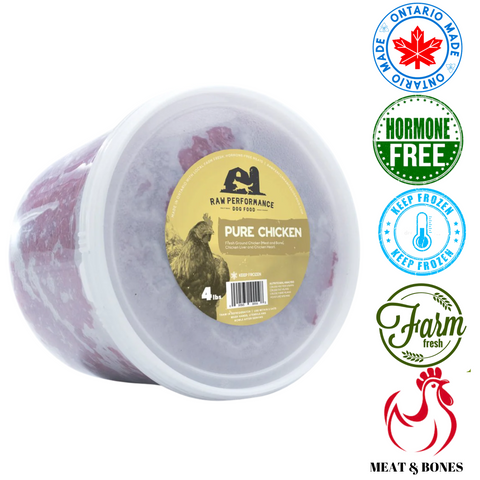 Raw Performance pure chicken dog food in a 4lb tub, hormone-free, made in Ontario