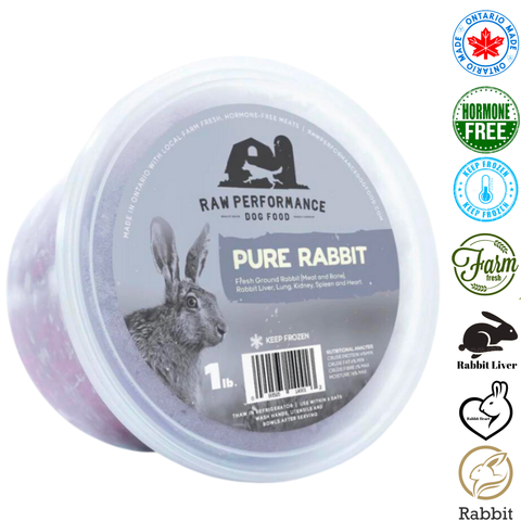 Raw Performance pure rabbit raw dog food in 1 lb container, featuring ground rabbit meat and organs