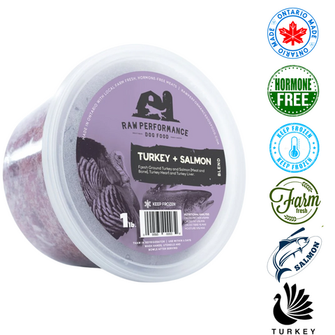 Raw Performance raw dog food turkey salmon blend in 1 lb container with farm fresh hormone free label