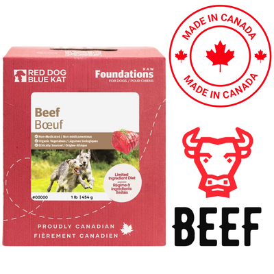 Red Dog Blue Kat beef raw dog food in 1 lb box featuring beef flavor and made in Canada