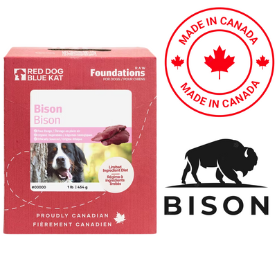 Red Dog Blue Kat bison dog food raw diet in red Canadian packaging with bison logo