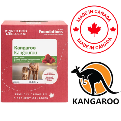 Red Dog Blue Kat Kangaroo Raw Dog Food package showing 1 pound box with Canadian made label and kangaroo logo