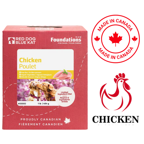 Red Dog Blue Kat raw chicken dog food in 1 lb box with Canadian origin and natural ingredients