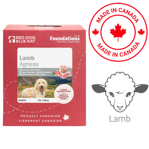 Red Dog Blue Kat raw lamb food package made in Canada with a sheep illustration