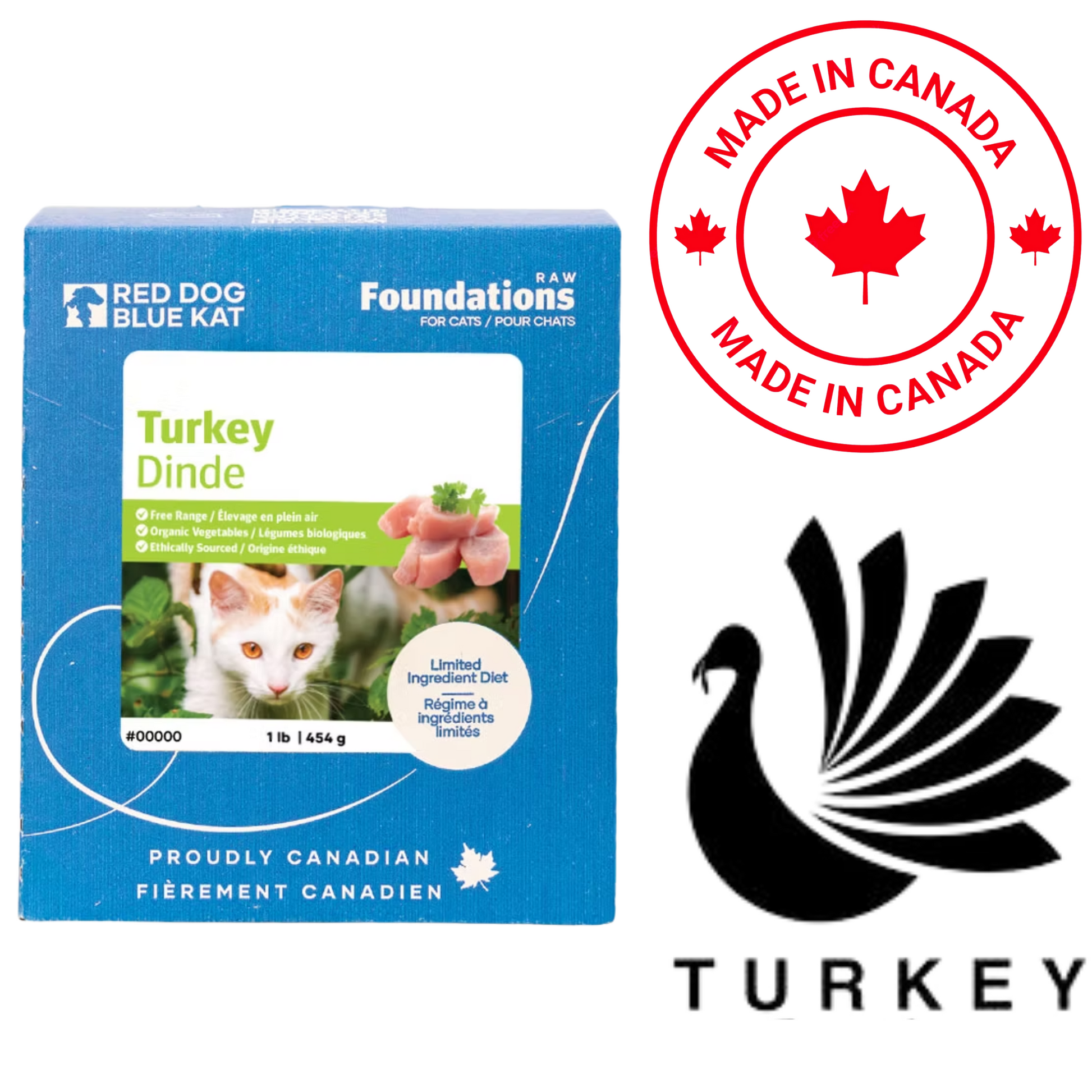 Red Dog Blue Kat raw turkey cat food in 1 lb package with Made in Canada label and turkey logo