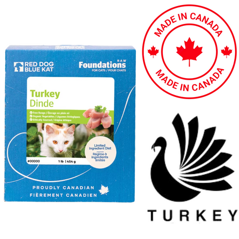 Red Dog Blue Kat raw turkey cat food in 1 lb package with Made in Canada label and turkey logo