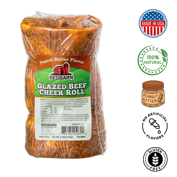 Redbarn glazed beef cheek roll dog treat in peanut butter flavor, made in USA and 100 percent natural