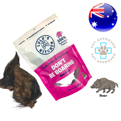 Rozer pet boar ear dog treats by Rover Pet Products in resealable packaging with natural boar ears