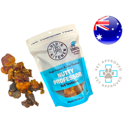 Rover pet bull testicles dog chew by Lulu's Kitchen Nutty Professor in resealable blue and white packaging