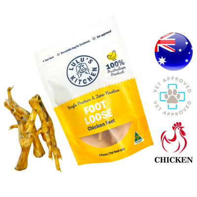 Rover pet chicken feet dog treats by Lulu's Kitchen in resealable bag with vet approved Australian chicken feet