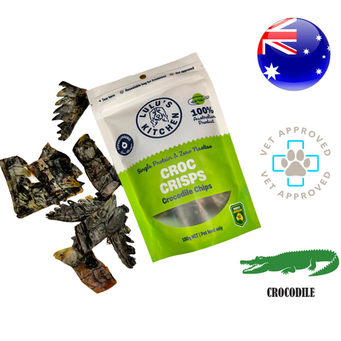 Rover Pet Crocodile Chips for Dogs in a resealable bag with treats for healthy dog snacking