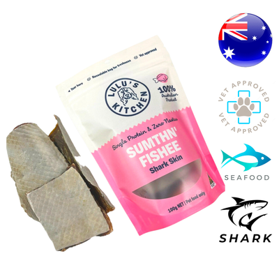 Rover pet shark skin dog treats by Lulu's Kitchen in resealable pouch with shark skin pieces